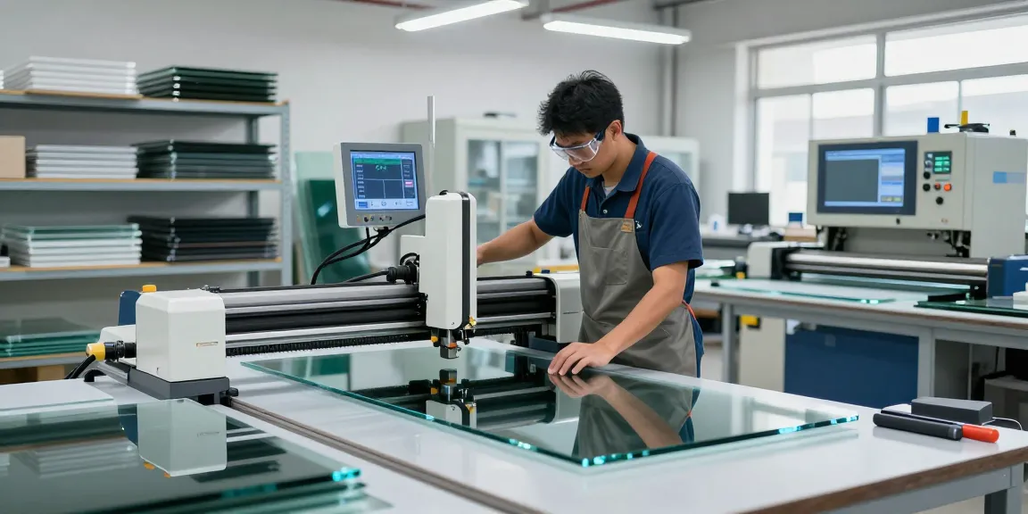 Technician operating a cutting machine glass in a modern industrial workshop, showcasing precision and technology.