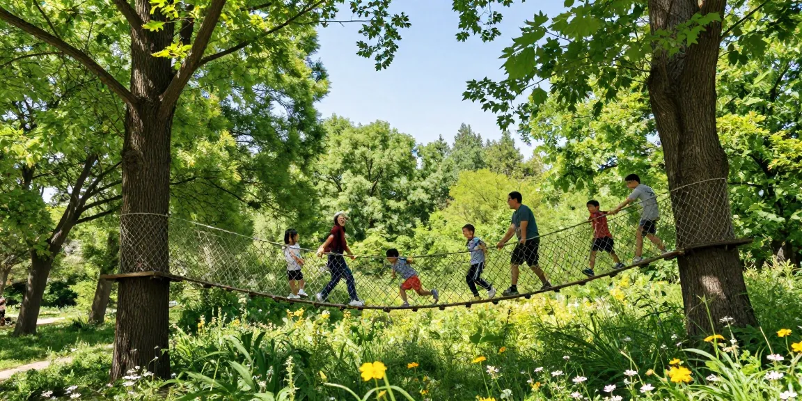 Rope Bridge design in a scenic forest, family crossing an adventurous bridge among trees.