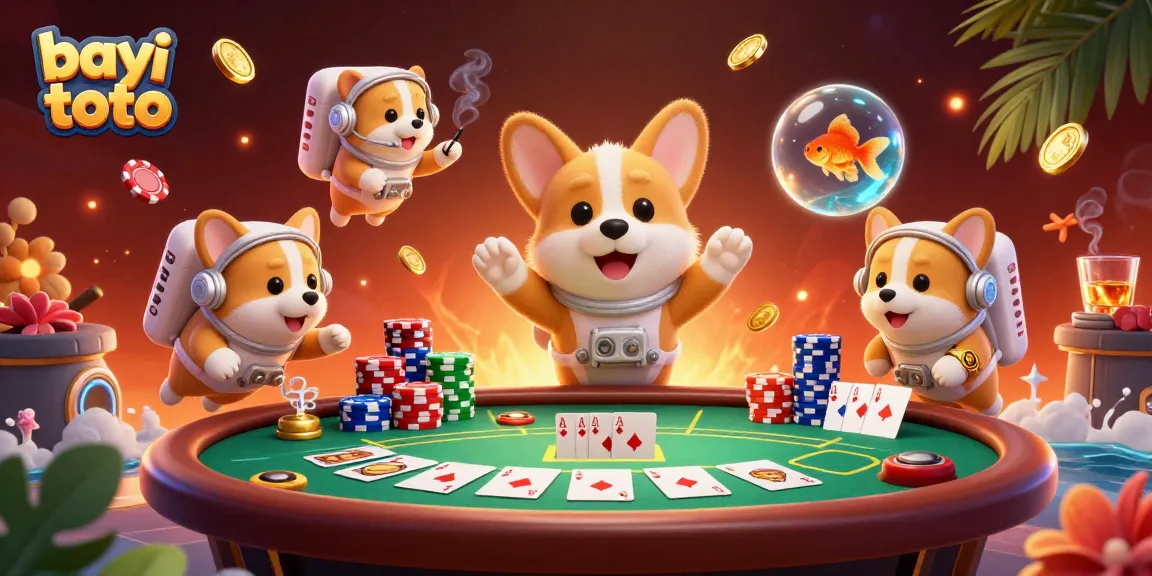 Bayi toto makes waves with a playful astronaut corgi and casino fun in zero gravity.