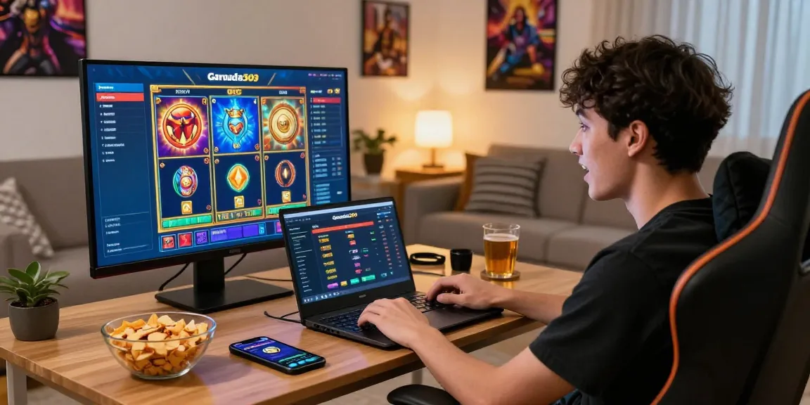 Player engaging with garuda303 online gaming platform in a vibrant living room.