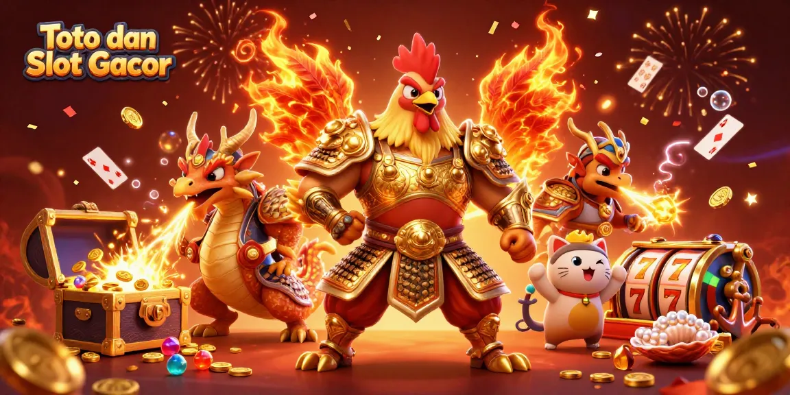 Toto dan Slot Gacor showcases a powerful rooster warrior, dragon hatchling, and fortune cat, symbolizing casino excitement.