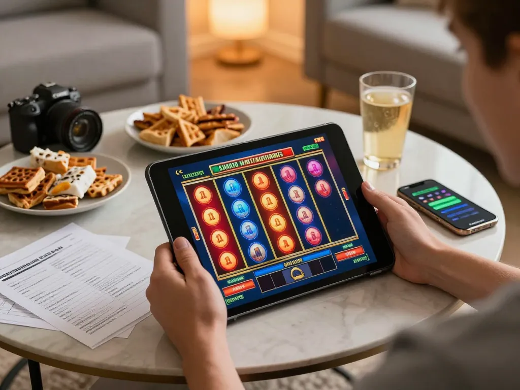 Engaged player enjoying a slot bet kecil on a tablet, surrounded by gaming strategy notes and snacks