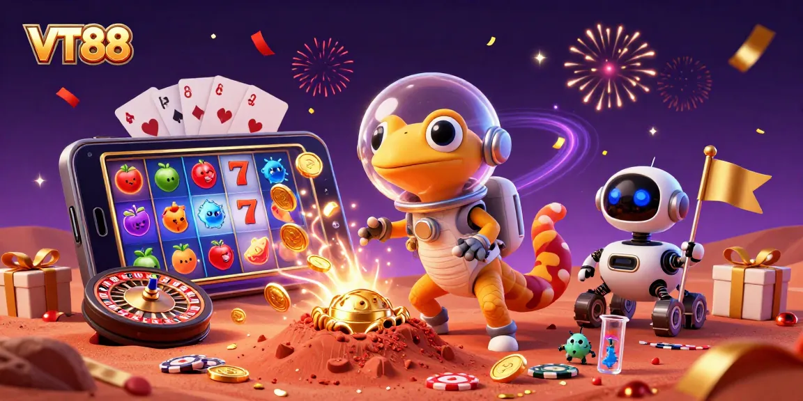 VT88 engages in thrilling casino adventures with a 3D Martian gecko, showcasing vibrant slot games.