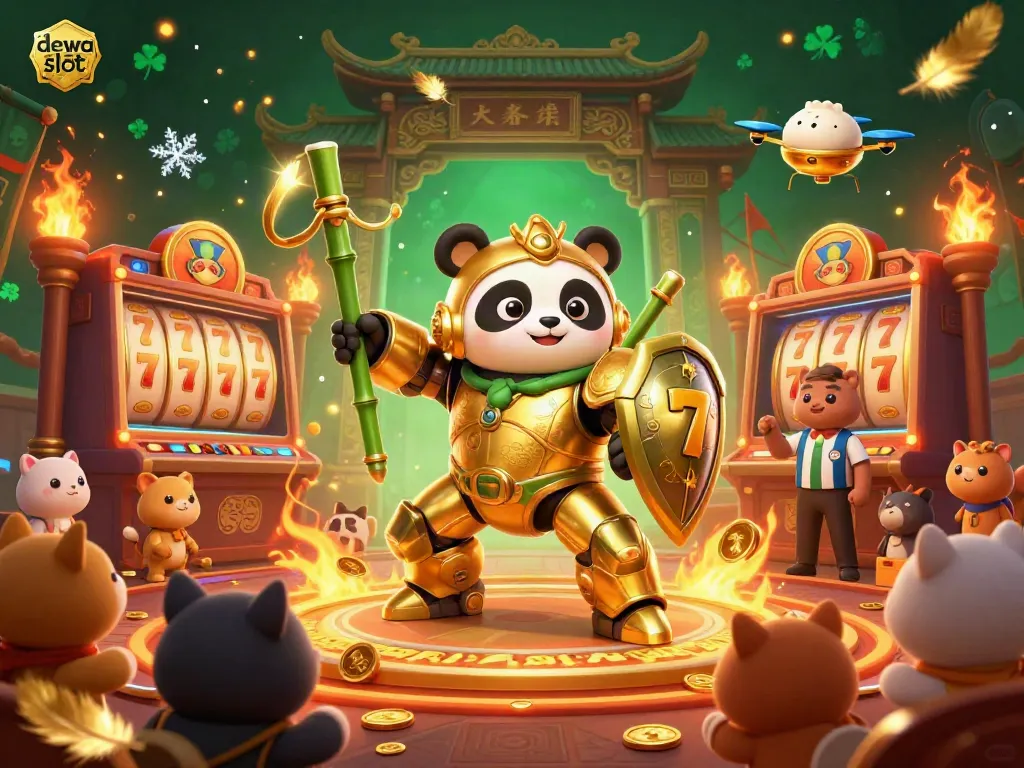 Menangkan jackpot di dewa slot dalam pertarungan fantasi dengan panda emas dan robot bertema bambu.