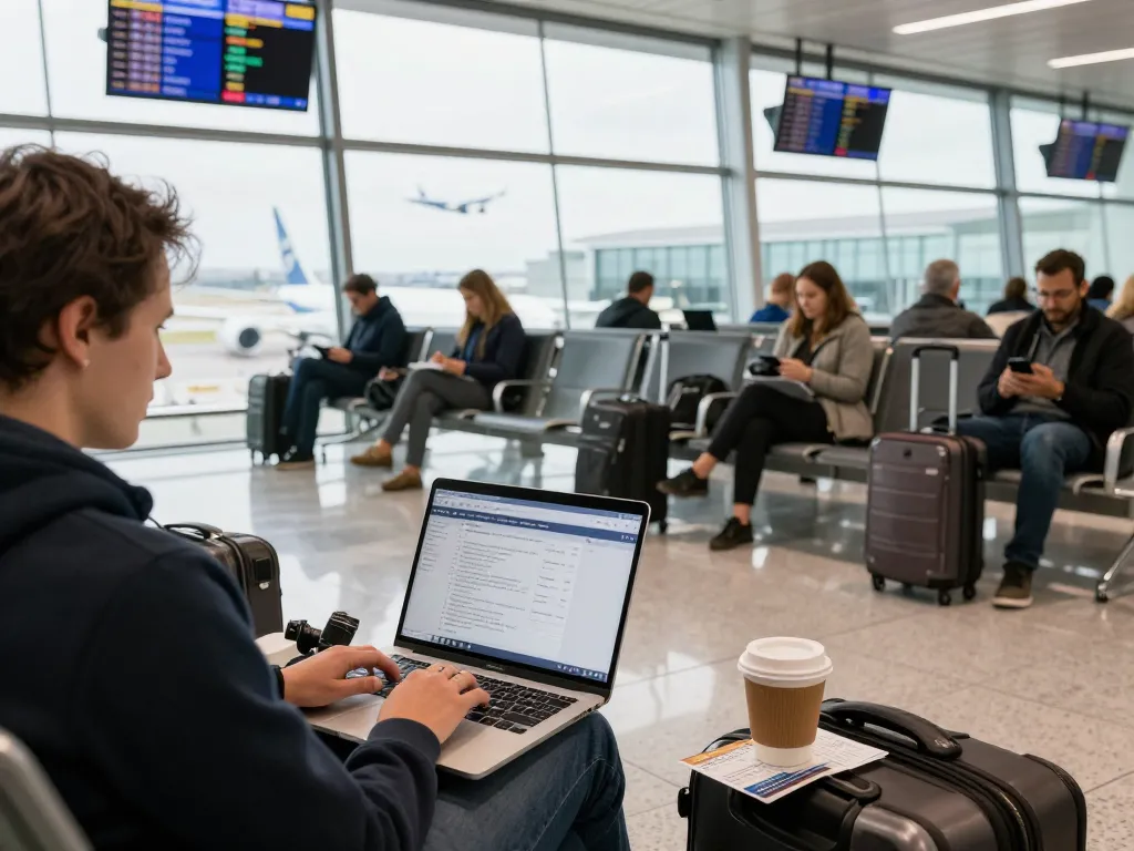 Travel scene at Newcastle Airport from Halifax, showcasing travelers in a bright waiting area.
