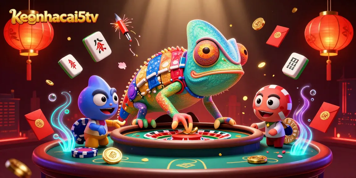 Engage with keonhacai5tv's vibrant casino scene, featuring chameleon characters, golden coins, and dynamic game elements.