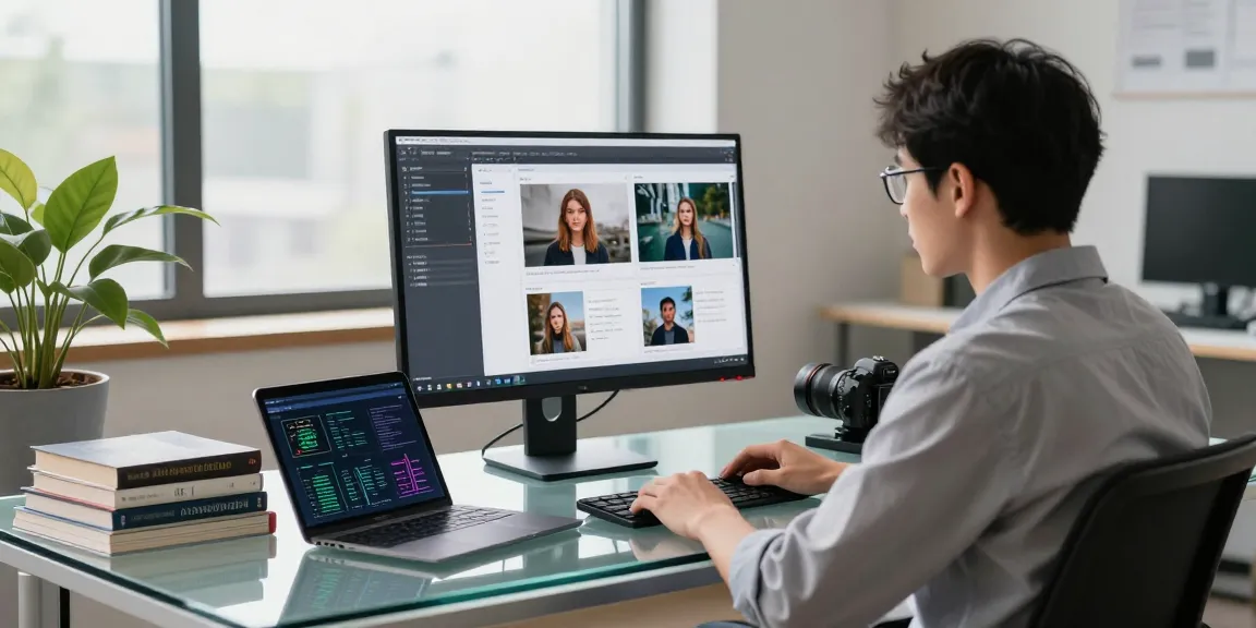 Data scientist using an AI image detector with analysis results on a monitor in a modern workspace.