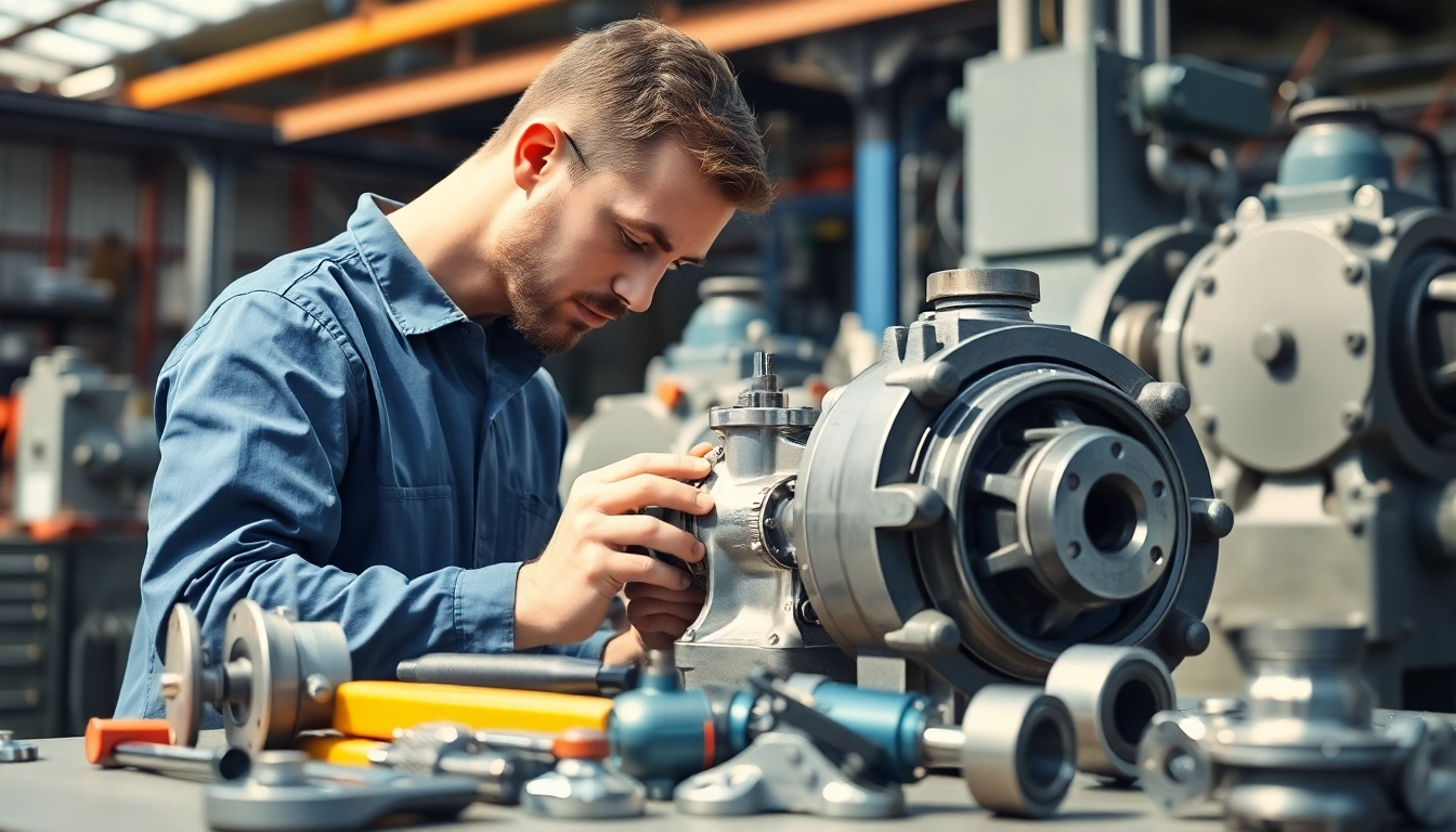 Providing hydraulic pump services in a professional workshop setting, showcasing a technician at work.