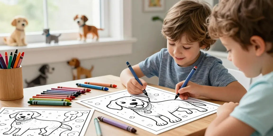 Child enjoying educational coloring of a playful Labrador Retriever.