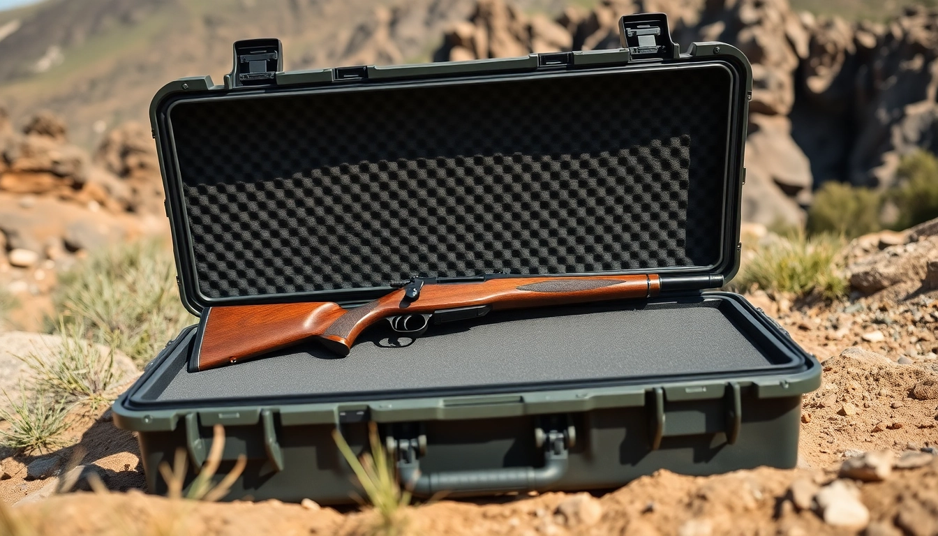 Showcase of a pelican rifle case with a secured rifle in an outdoor setting.