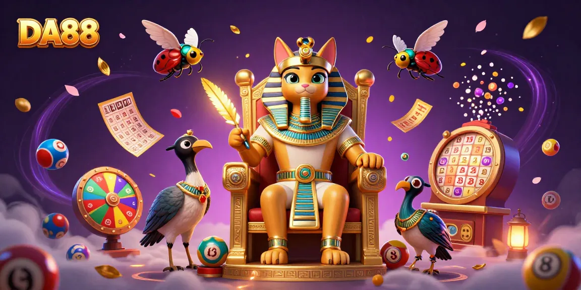 Experience the excitement of DA88 with a vibrant pharaoh-inspired lottery theme illustration.