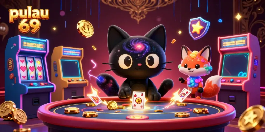 Enjoy thrilling gameplay at pulau 69 as the black hole cat draws in casino chips and cards.