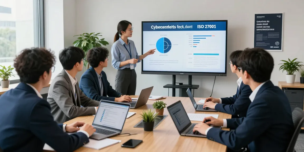 Team discussing cyber essentials vs iso 27001 in a modern office, highlighting cybersecurity strategies and certification differences.