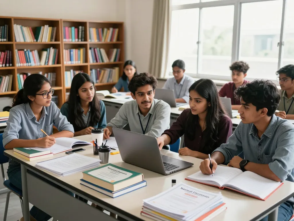Students studying in a bright room with National University (Bangladesh) Certificates, fostering a collaborative learning environment.