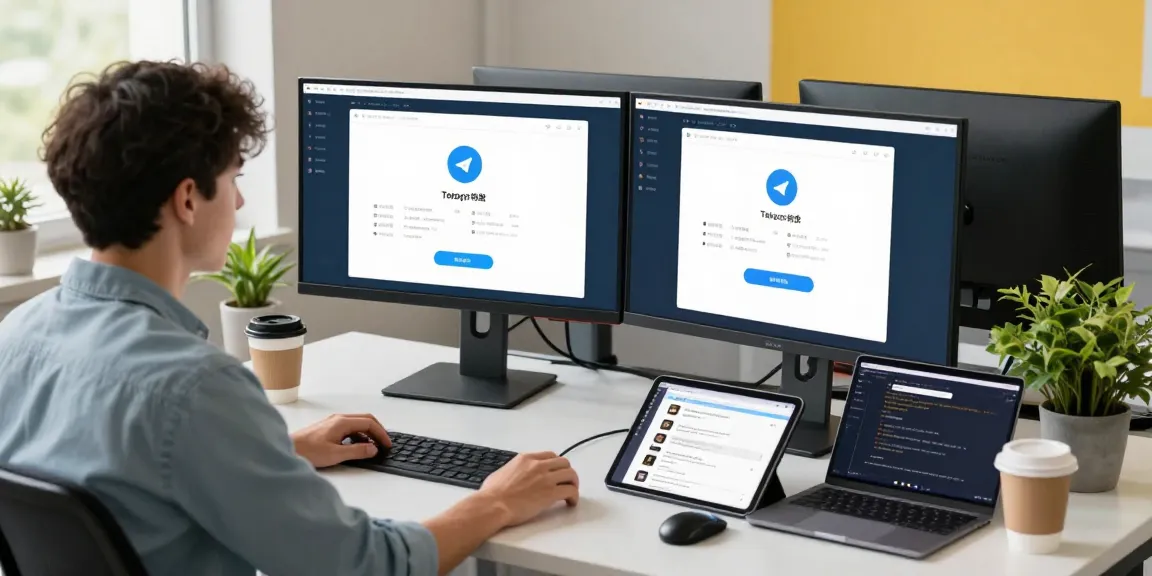 Configuring Telegram中文 settings at a modern tech workspace, showcasing dual monitors with the app interface in Chinese