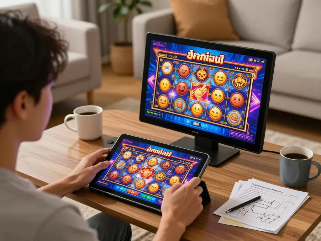 Playing สล็อตวอเลท on a tablet in a cozy home setup, showcasing a comfortable gaming experience.