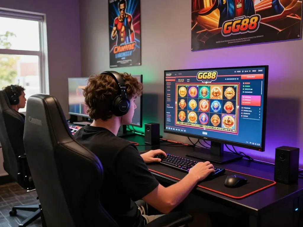 Player engaging with GG88 online casino on a sleek setup, showcasing immersive gaming interface.