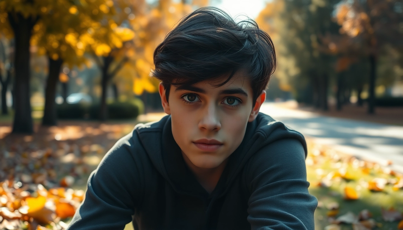 Young person reflecting on depression symptoms in a serene park setting surrounded by autumn leaves.