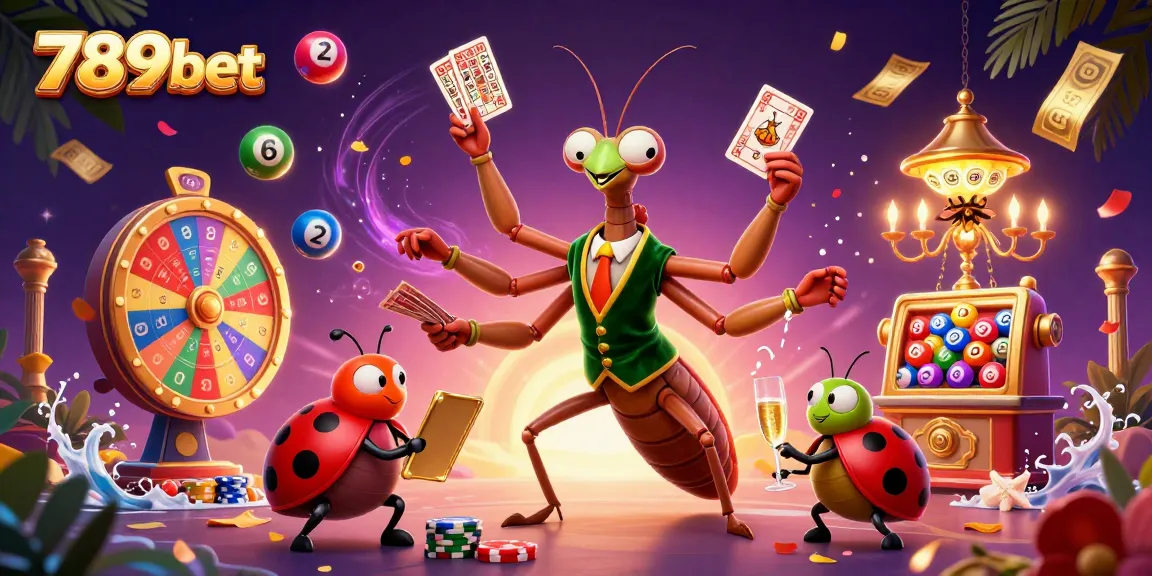 Engage with the thrilling world of 789bet as a giant praying mantis card sharp and ladybug pit boss create a vibrant casino scene.