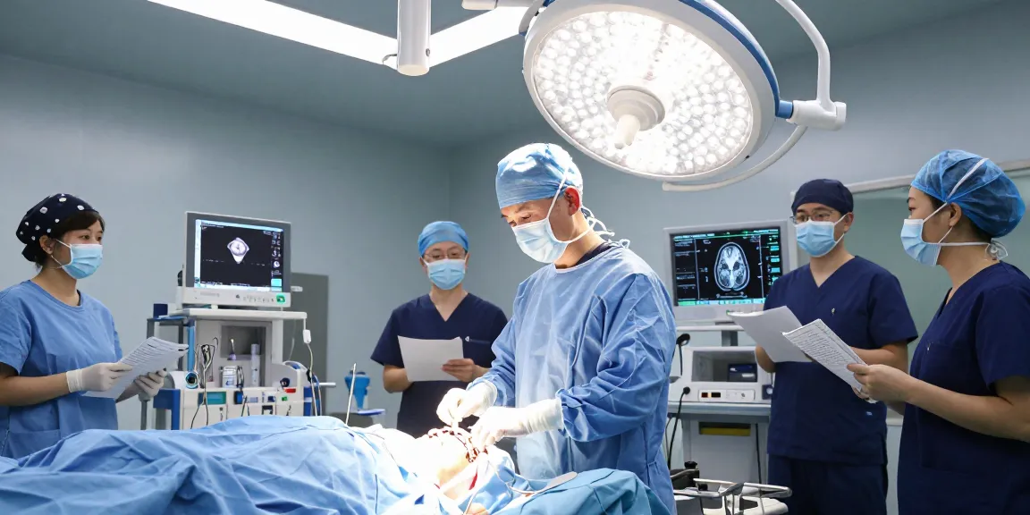 Beyin ameliyatı preparation in a modern surgical room with a neurosurgeon and medical team focused on patient care.