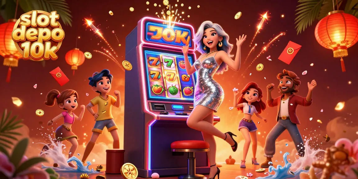 Spin and win big with slot depo 10k in this vibrant casino scene featuring cheerful players and exploding coins.