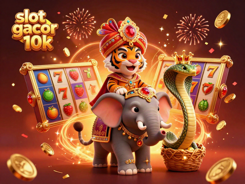 Engage with slot gacor 10k featuring a vibrant 3D scene of a maharaja and elephant amidst casino symbols.
