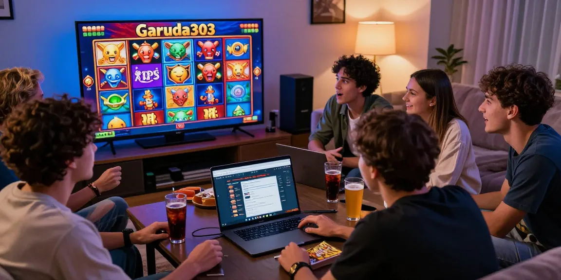 Friends enjoy gaming on Garuda303 slot games in an inviting living room.