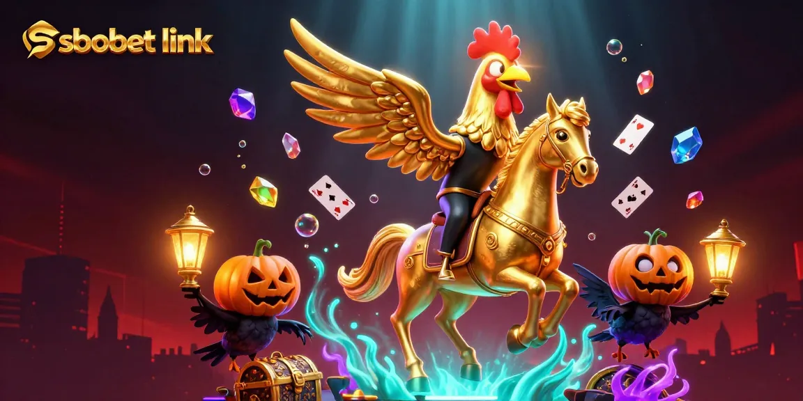 Bet on sbobet link with a golden rooster and enchanting casino elements in a vibrant scene.