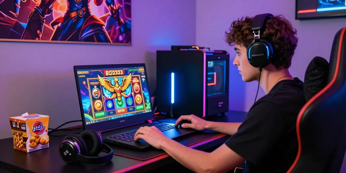 Exciting gaming scene with a player enjoying garuda303 slot games on a laptop amidst colorful graphics and gaming ambiance.