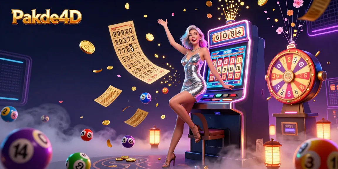 Pakde4D offers exciting gameplay with dynamic lottery balls and a celebratory character amidst casino elements.