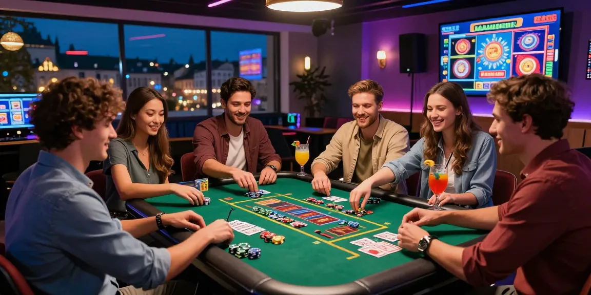 Friends enjoying lively gameplay at a European casino featured on https://equipproject.eu with vibrant atmosphere and city view.