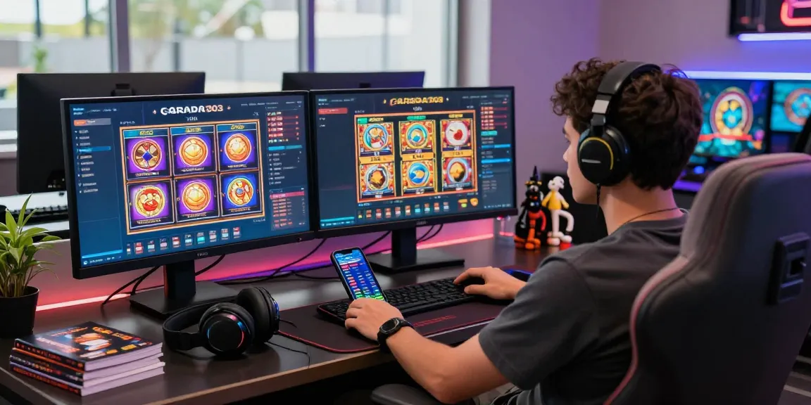 Exciting online gaming scene showcasing garuda303 slot games on dual screens.