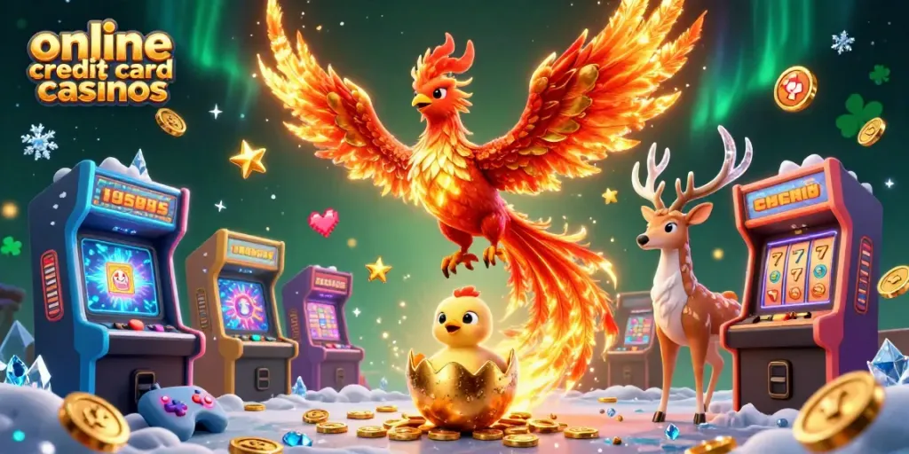 Experience the thrill of online credit card casinos with dynamic 3D illustrations of a phoenix and gaming elements.