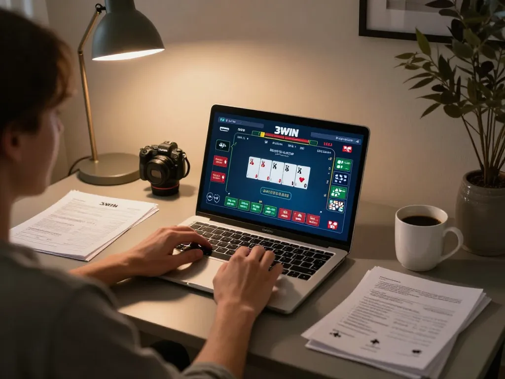 Engaging in online poker gaming on 3WIN actor platform from a cozy home setup.