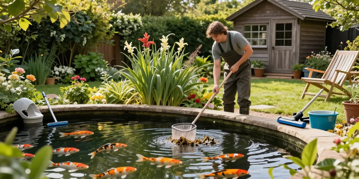 Pond Cleaning Essex with expert cleaning tools in vibrant garden setting.