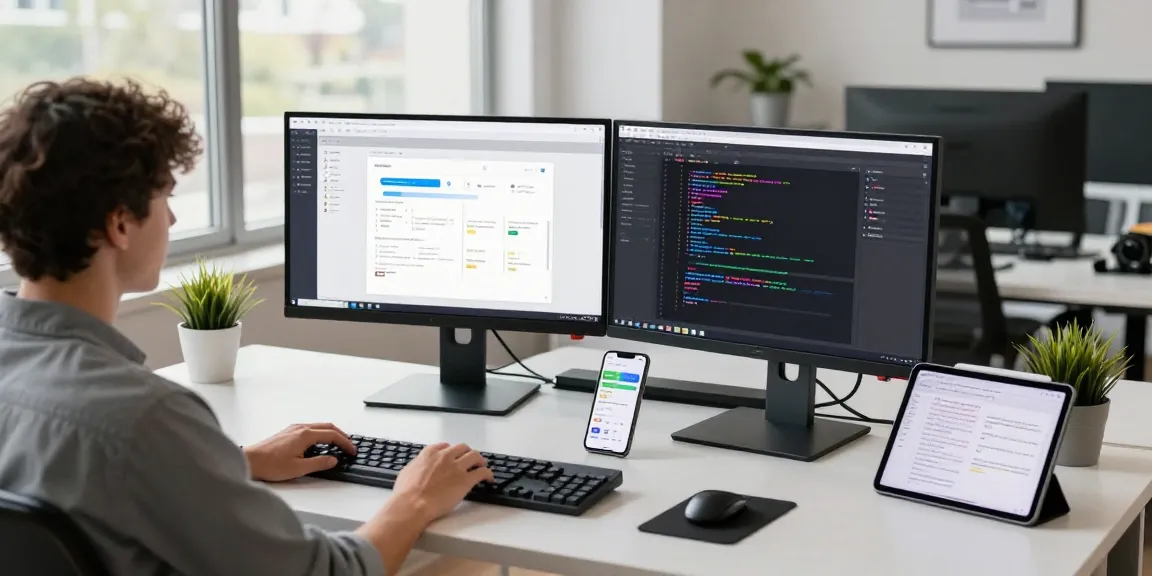 Productive workspace featuring a developer working on 纸飞机中文版 software interface with modern tech setup.