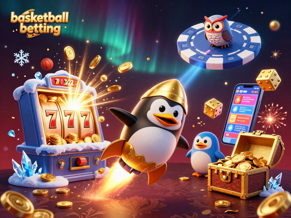 Experience the thrill of basketball betting with a 3D penguin and casino elements in vibrant space!