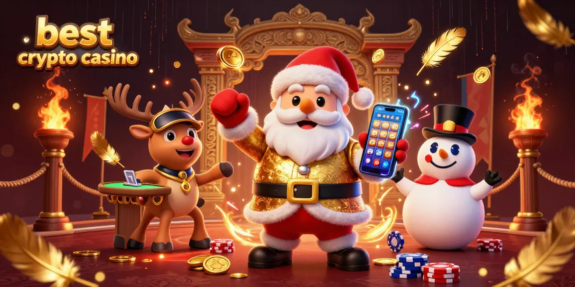 Vivez l'expérience du meilleur casino crypto avec une illustration de Santa et ses amis en pleine action.