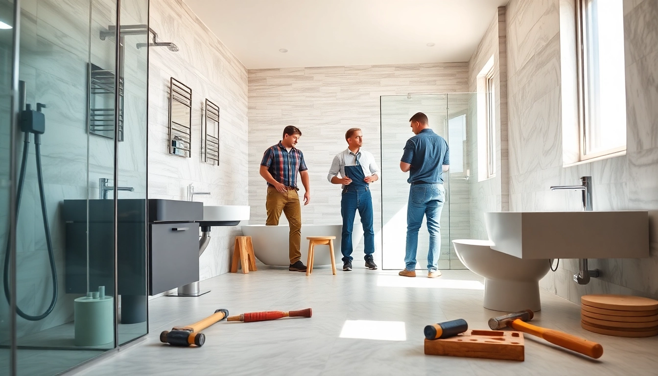 Experienced bathroom renovation contractors near me showcasing skills in a modern bathroom setting.