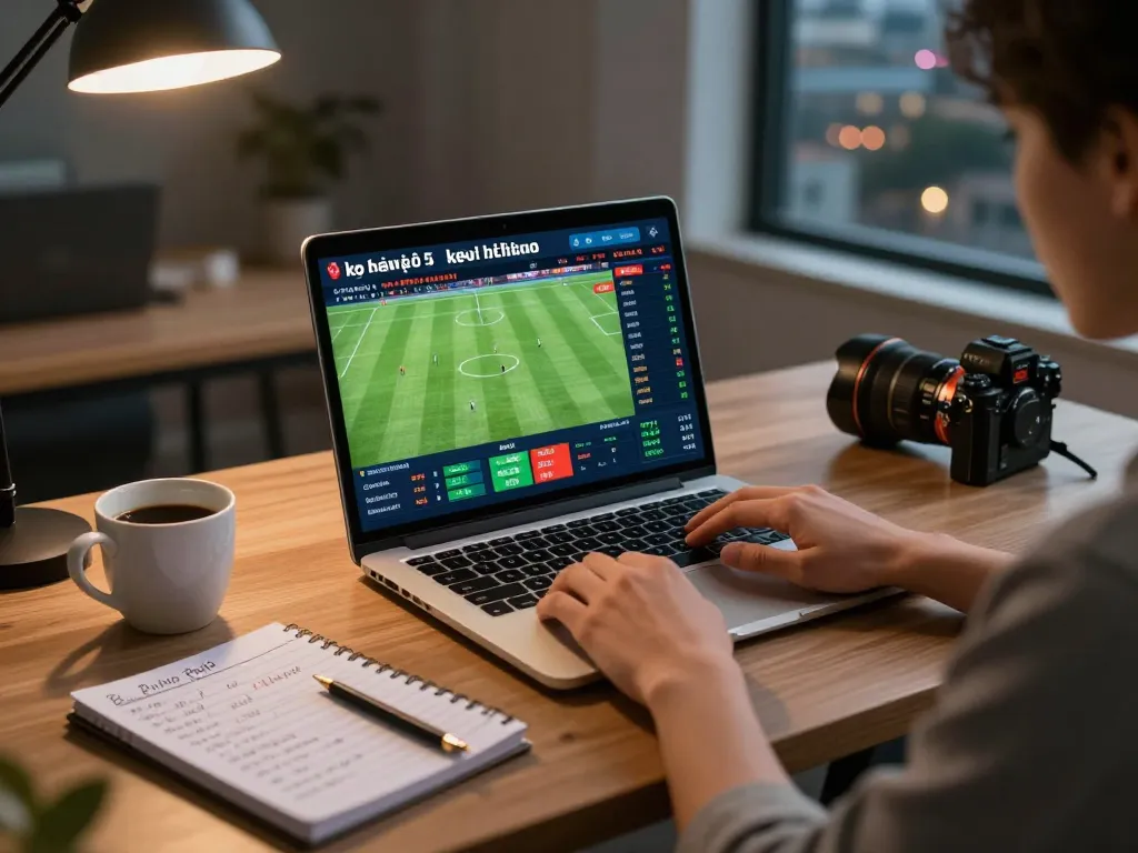 Engaging in kèo nhà cái 5 sports betting with a laptop, highlighting strategy in an inviting home office.