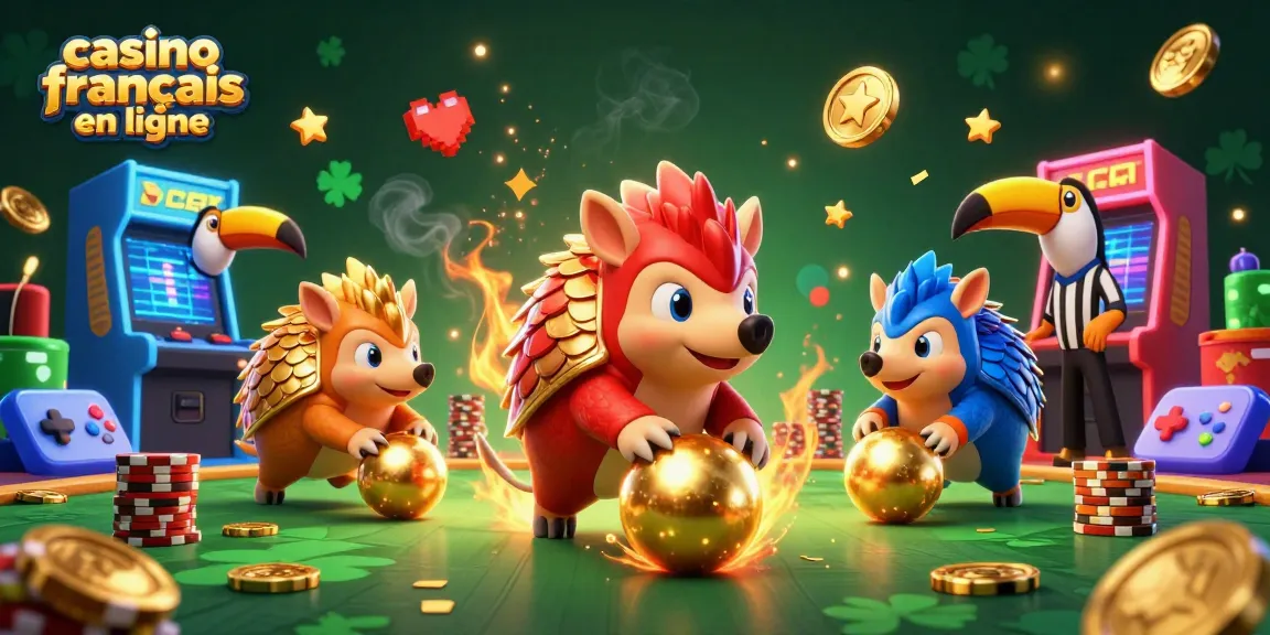 Profitez d'une expérience de jeu dynamique avec casino français en ligne, mettant en vedette des pangolins et des éléments de casino colorés.