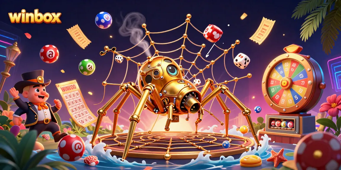 Winbox offers thrilling games as a golden spider weaves luck in an engaging casino scene.