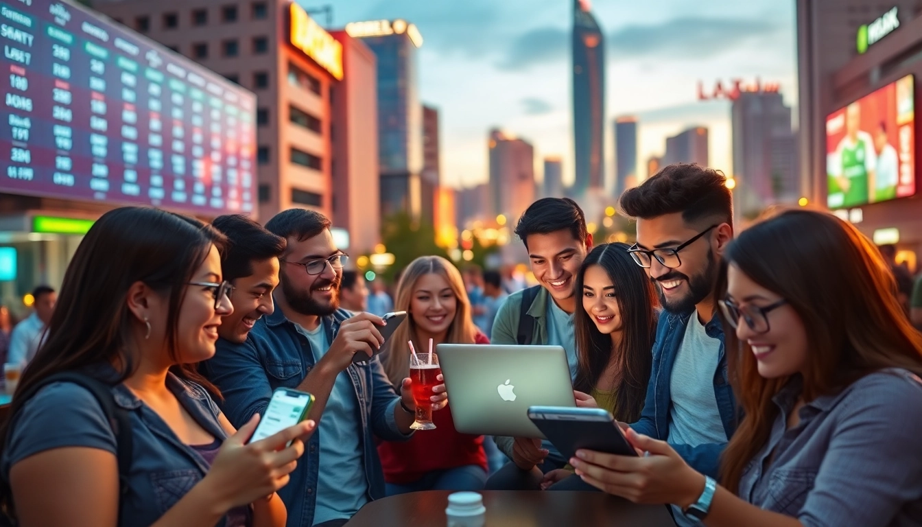 People celebrate their successes using the best sports betting sites Brazil in a lively urban setting.