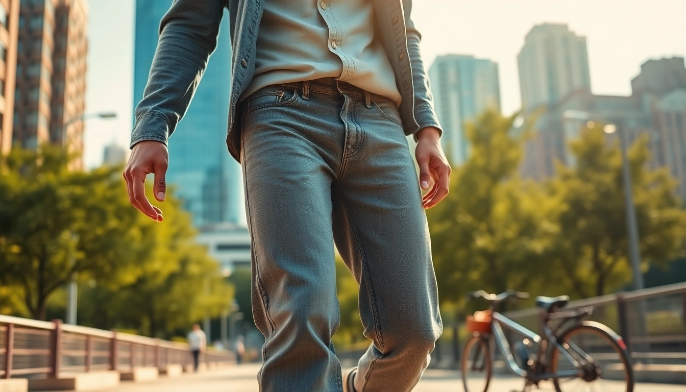 Stylish man strolling in mens relaxed fit jeans in a vibrant cityscape.