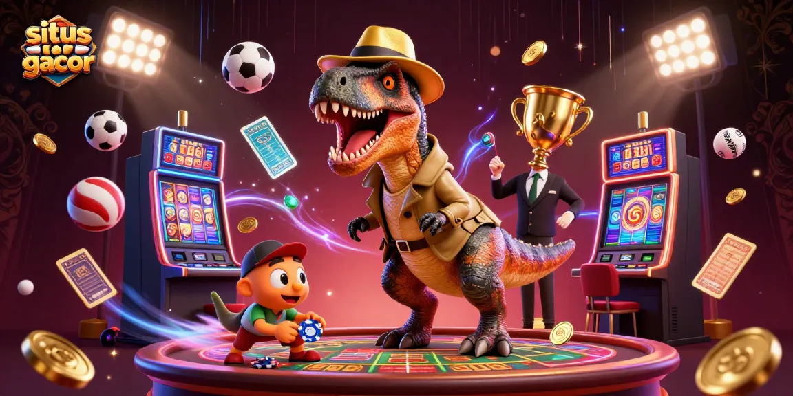 Engaging scene of a velociraptor at a situs slot gacor slot machine surrounded by colorful elements.