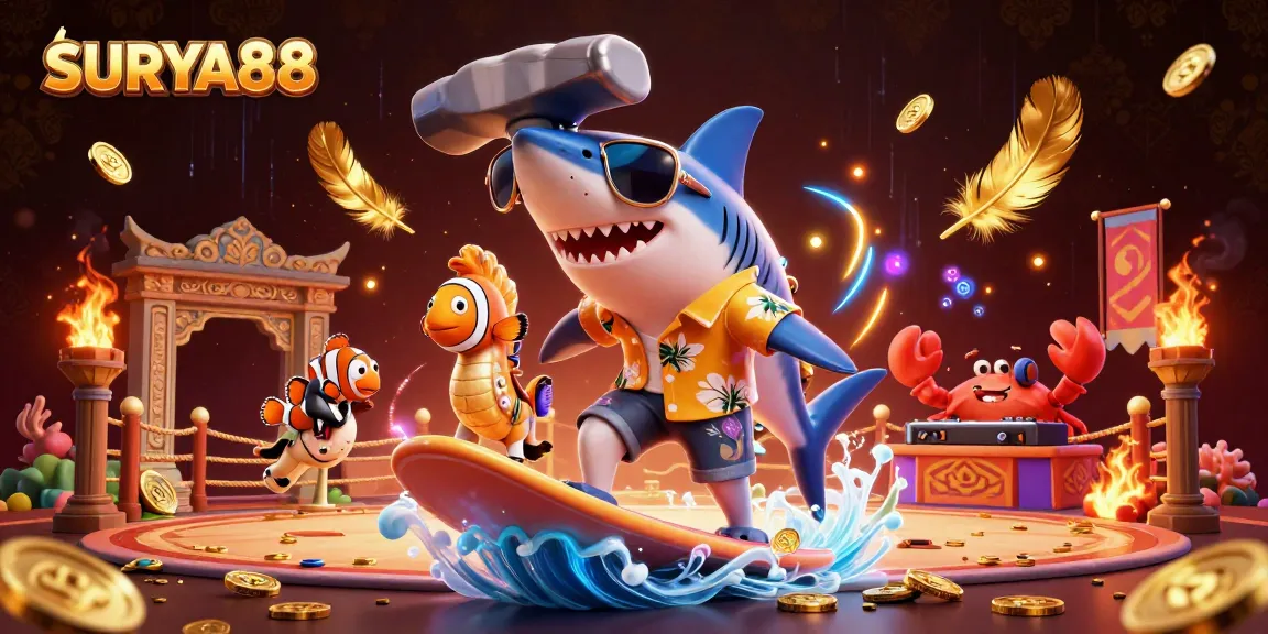 SURYA88 invites players to immerse in a vibrant casino scene with energetic characters and glamorous gold.
