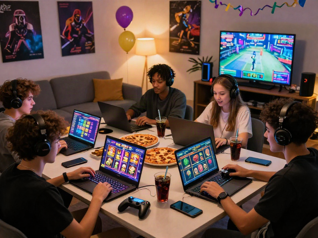 Exciting gaming scene showcasing group playing slot bonus new member 100, laptops and smartphones with vibrant graphics
