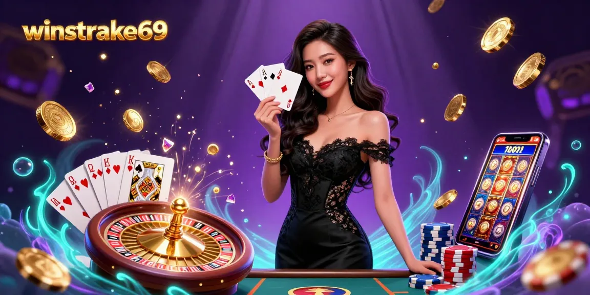 Experience the thrill of winstrike69 at a luxury casino with an elegant Asian woman holding playing cards.