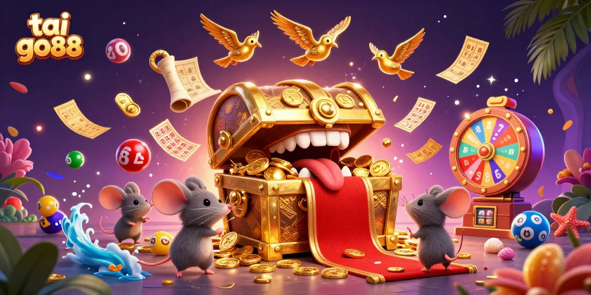Experience the excitement of tai go88 with colorful lottery balls, rich treasures, and vibrant casino elements.