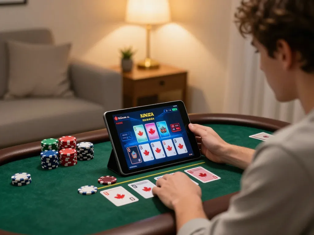 Engaged player enjoying online casinos in Canada reddit at home playing blackjack on a tablet.